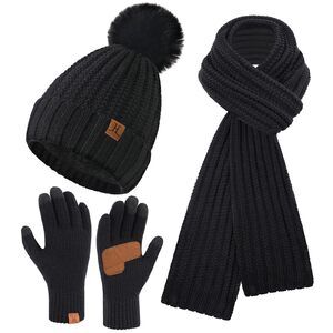 5857 Womens Winter Warm Beanie Hat Long Neck Scarf Touchscreen Glovess Set
